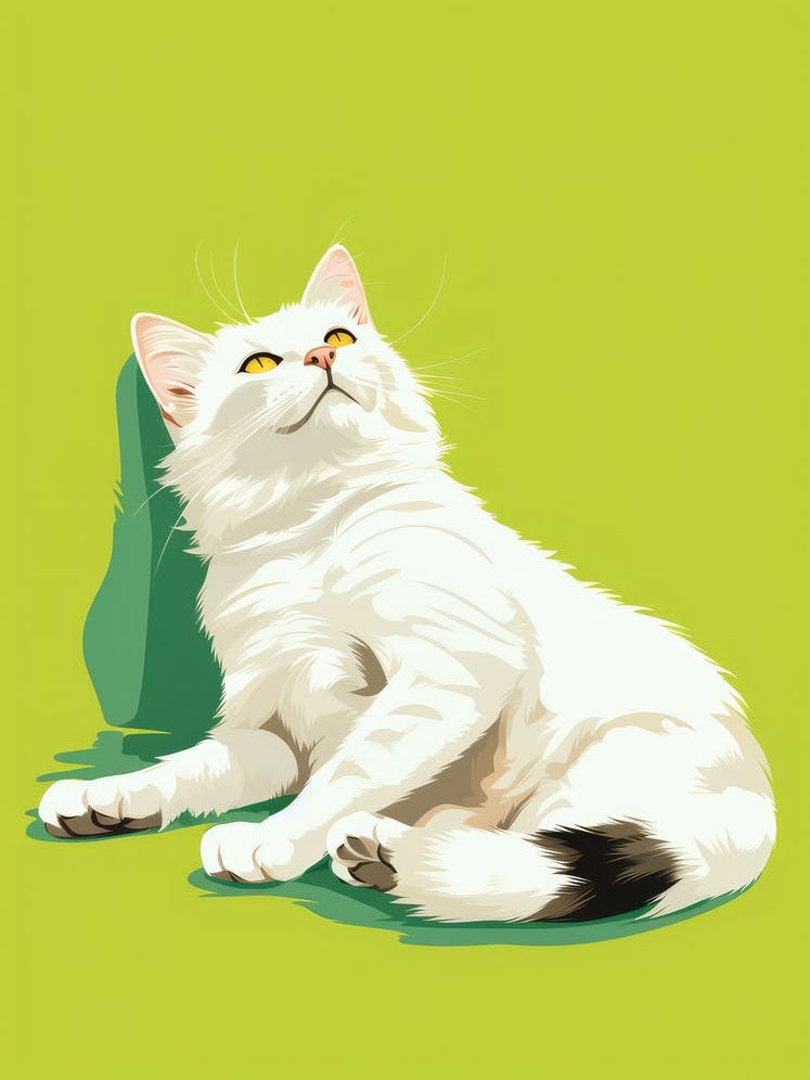 White Cat On Green Background