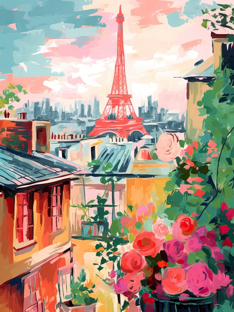 Rooftops Of Paris Eiffel Tower Travel Botanical France Painting