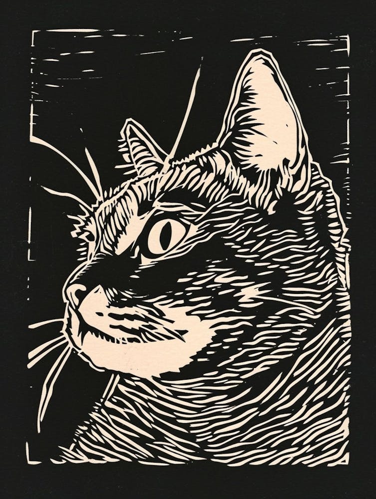 Selkirk Rex Cat Linocut Blockprint 6