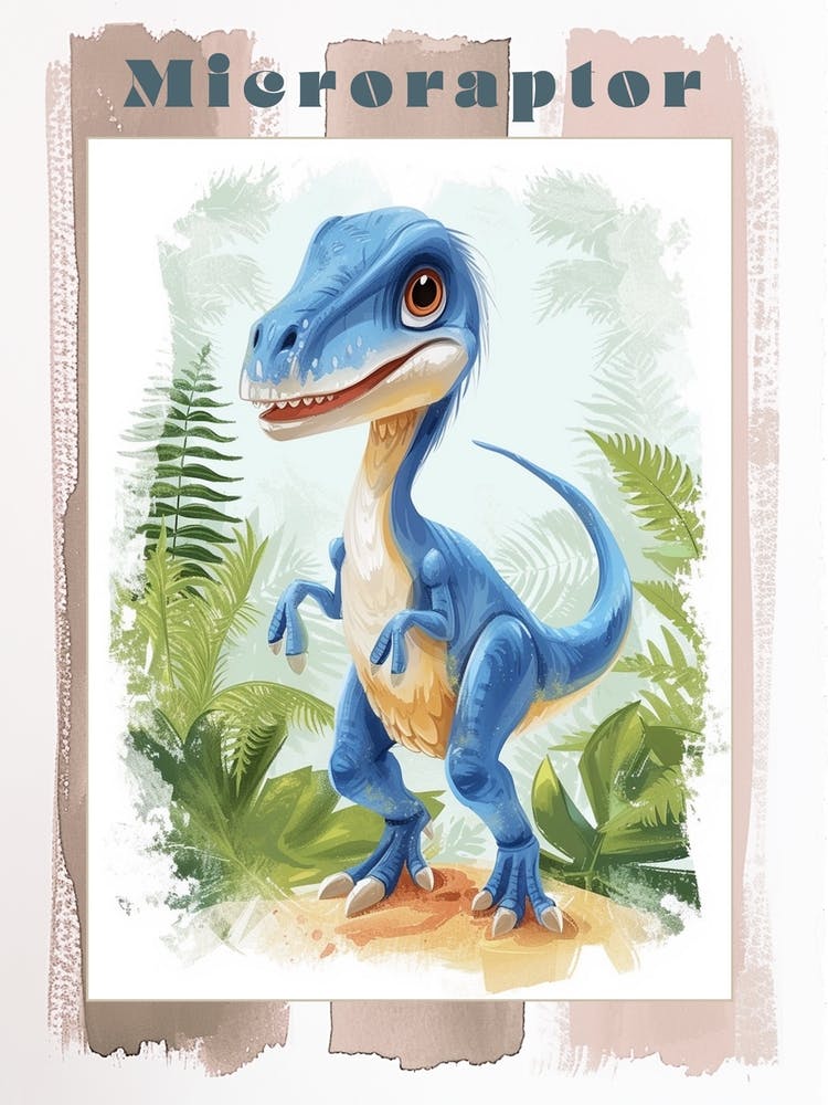 Cartoon Microraptor Dinosaur Watercolour 3 Poster