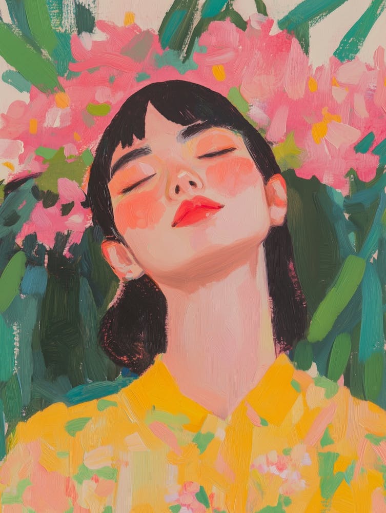 Woman with Pink Flower Crown Gouache Painting