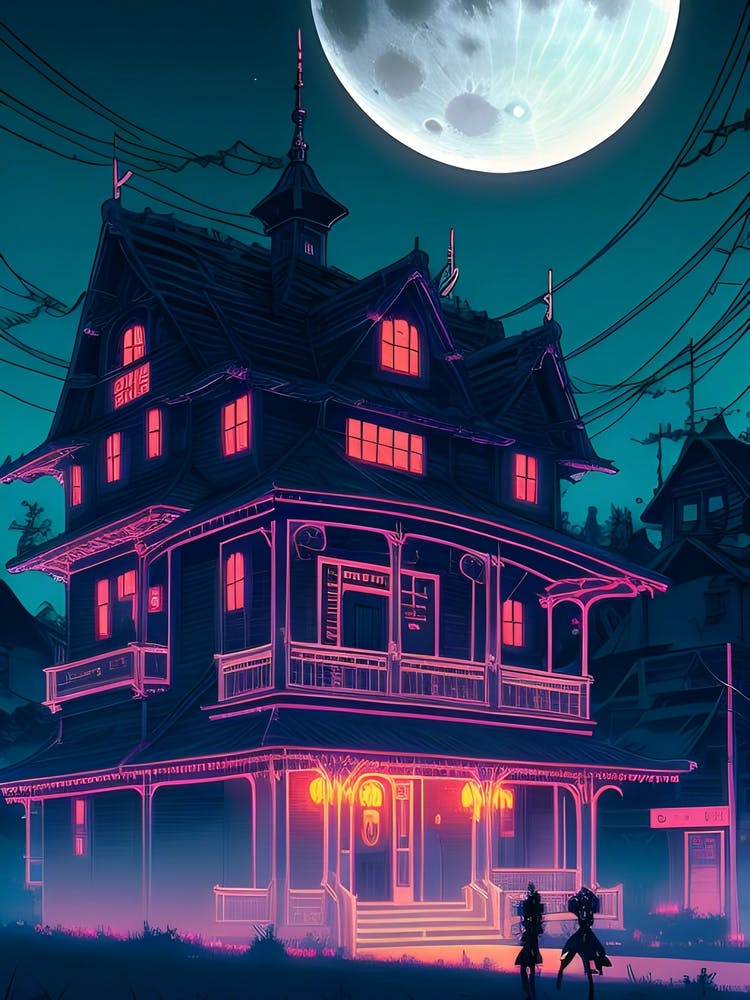 Neon Vibrant House In The Moonlight