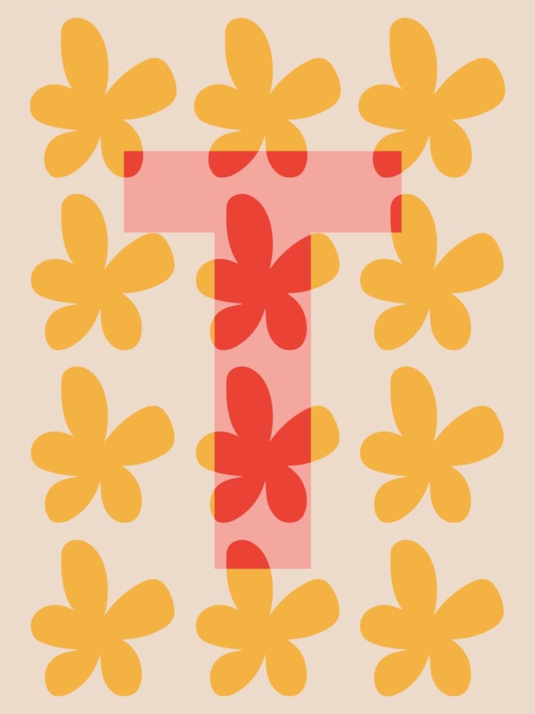 Alphabet Flower Letter T Print - Pink, Yellow, Red