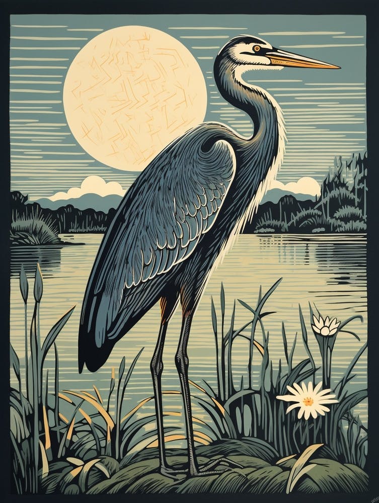 Grand Héron Bleu 1 - Linogravure d'oiseau vintage