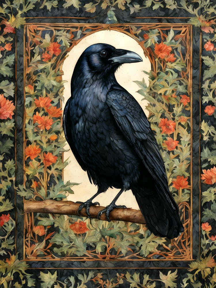 The Raven ~ Watercolor Art Nouveau Wildflowers Vines, Ornate Crow Wall Decor Roses Mugwort Witch, Grey Witches Familiar Gothic Room Decor, Lovecraft Edgar Frame For Witch Home - Pagan Bohemian Dark Creatures Graveyard Art ~ Witchy Watercolour