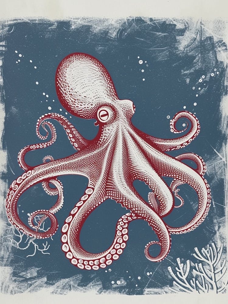Oktopus im Ozean mit Korallen, Linolschnitt-inspiriert 4