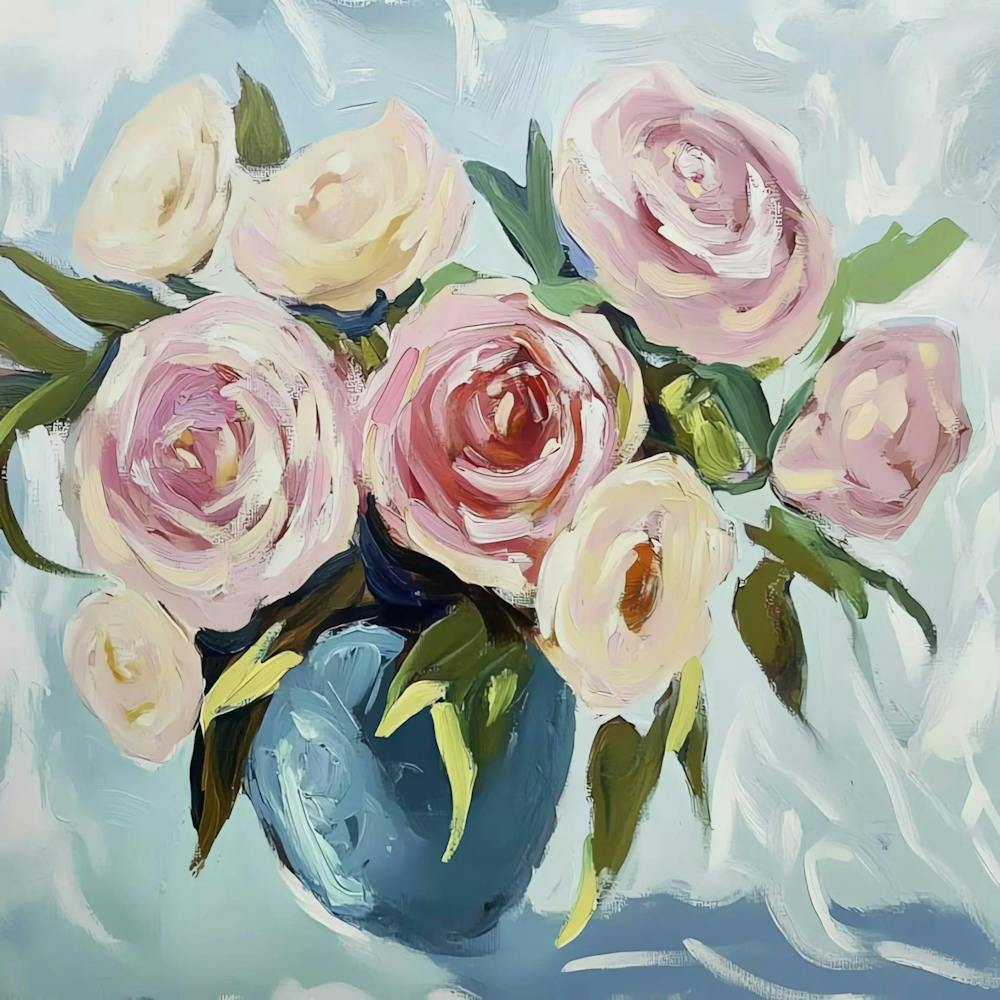 Pink Roses In A Blue Vase