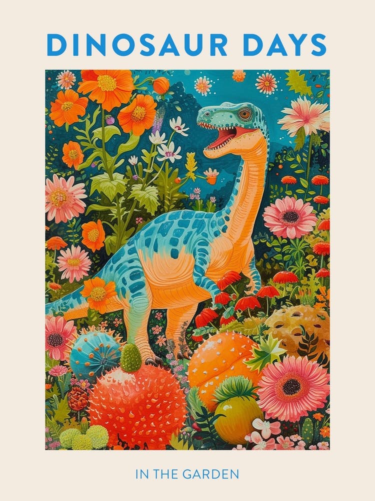 Dinosaur In The Garden Colourful Poster 1