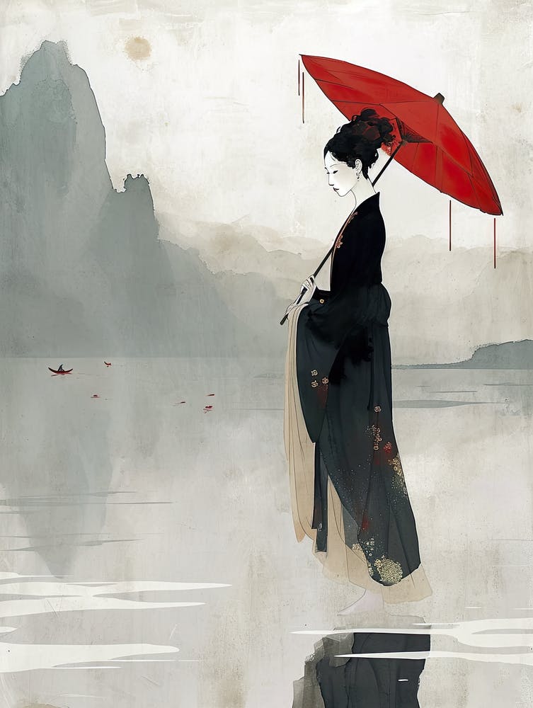 Chinesische Frau mit rotem Regenschirm