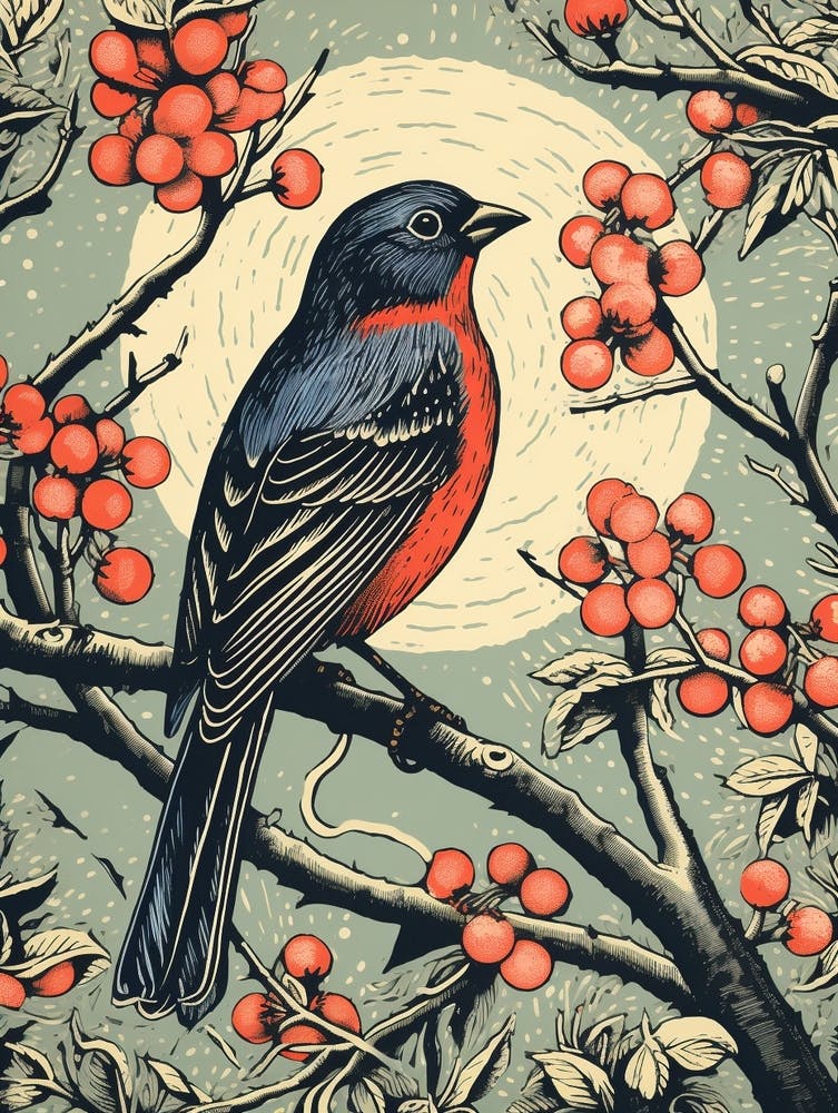 Vintage Bird Linocut Finch 3