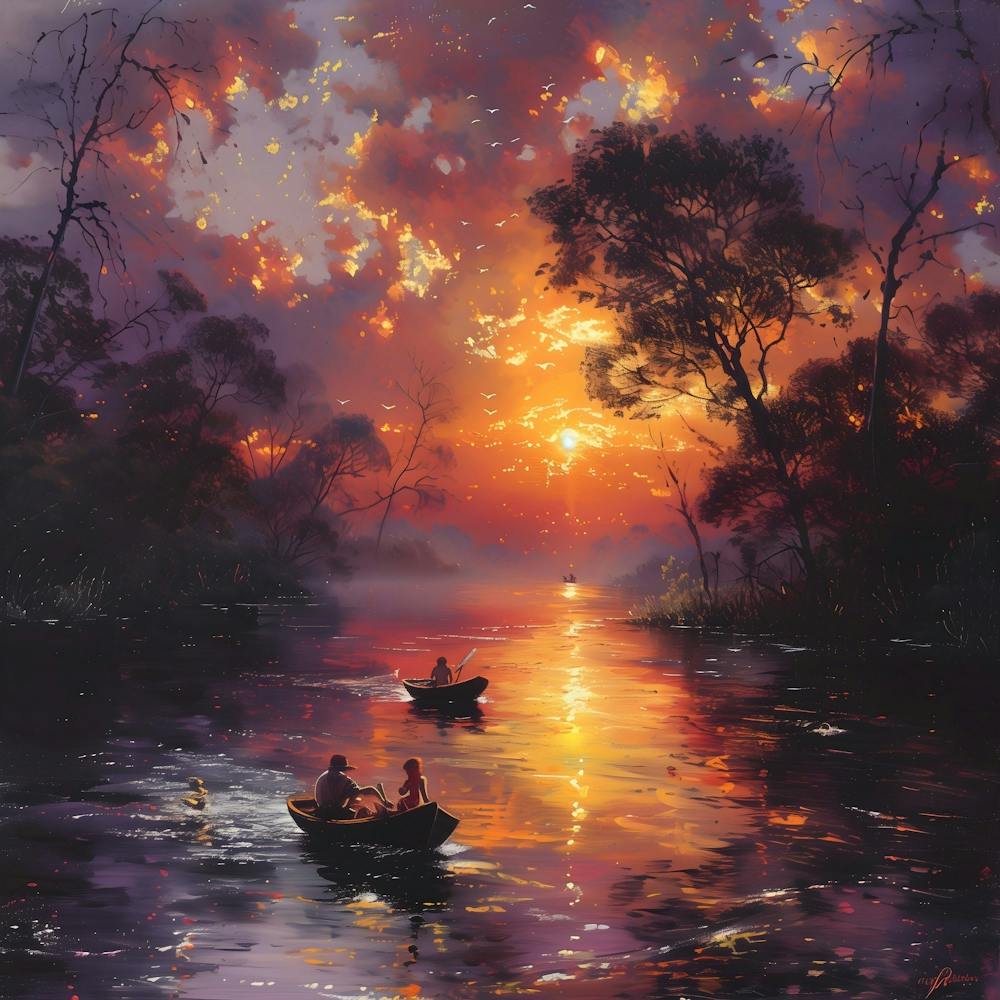 Sunset On The River, In Warm Colors, Impressionism, Surrealism