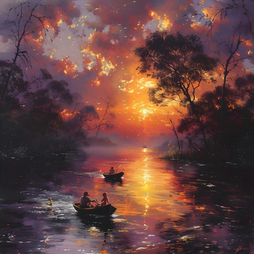 Sunset On The River, In Warm Colors, Impressionism, Surrealism