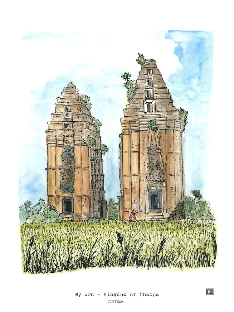 My Son Kingdom of Champa Vietnam Watercolor Illustration