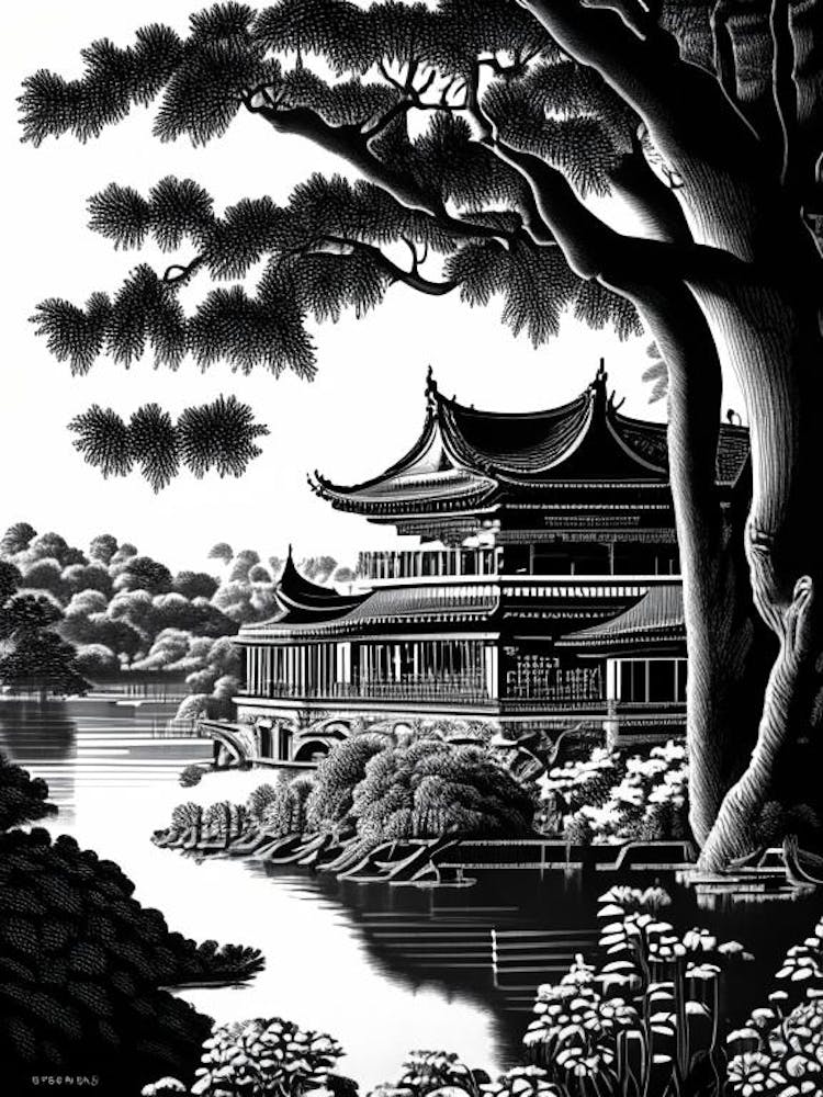 Summer Palace, China Linocut Black And White Vintage