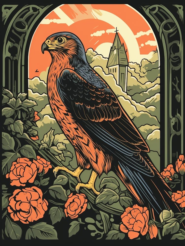 Vintage Bird Linocut Falcon 5