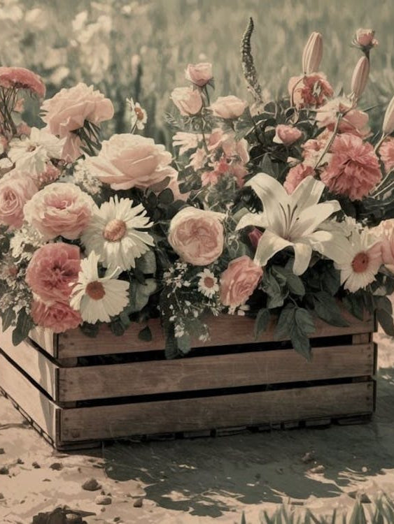 Vintage Garden Crate - Pink Roses & Daisies in a Rustic Setting
