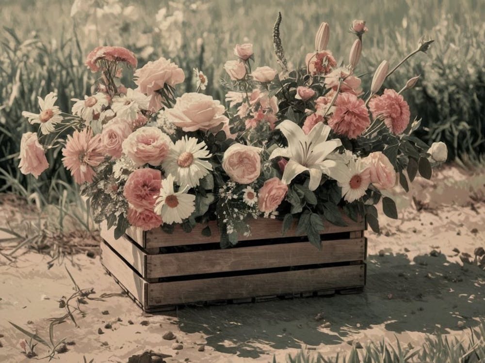 Vintage Garden Crate - Pink Roses & Daisies in a Rustic Setting
