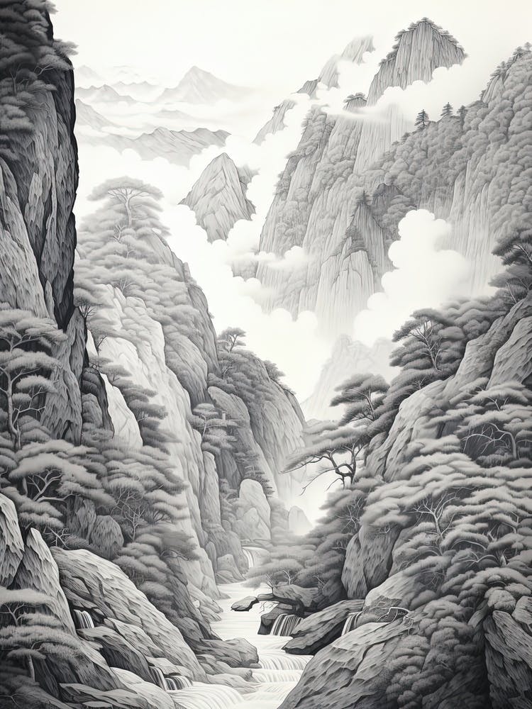 Shosenkyo Gorge In Yamanashi, Ukiyo E Black And White Line Art Drawing 3