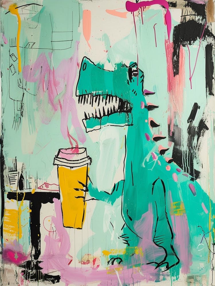 Dinosaurier trinkt Kaffee Pastellrosa Graffiti-Pinselstrich 2