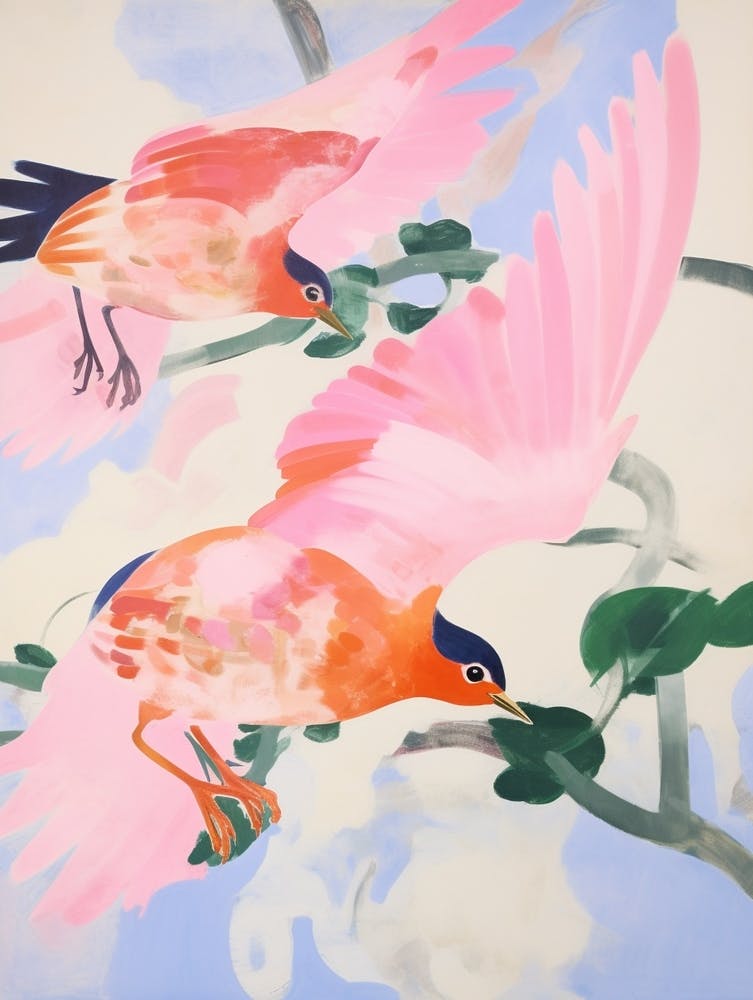 Pink Ethereal Bird Painting European Robin 1