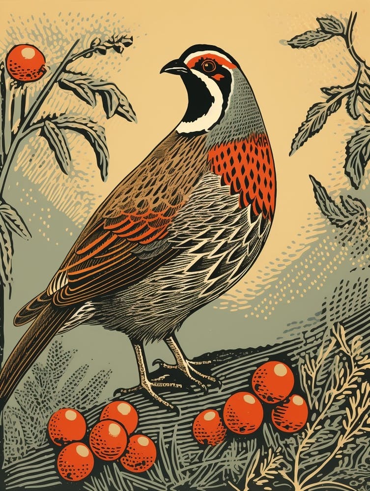 Vintage Bird Linocut Partridge 3