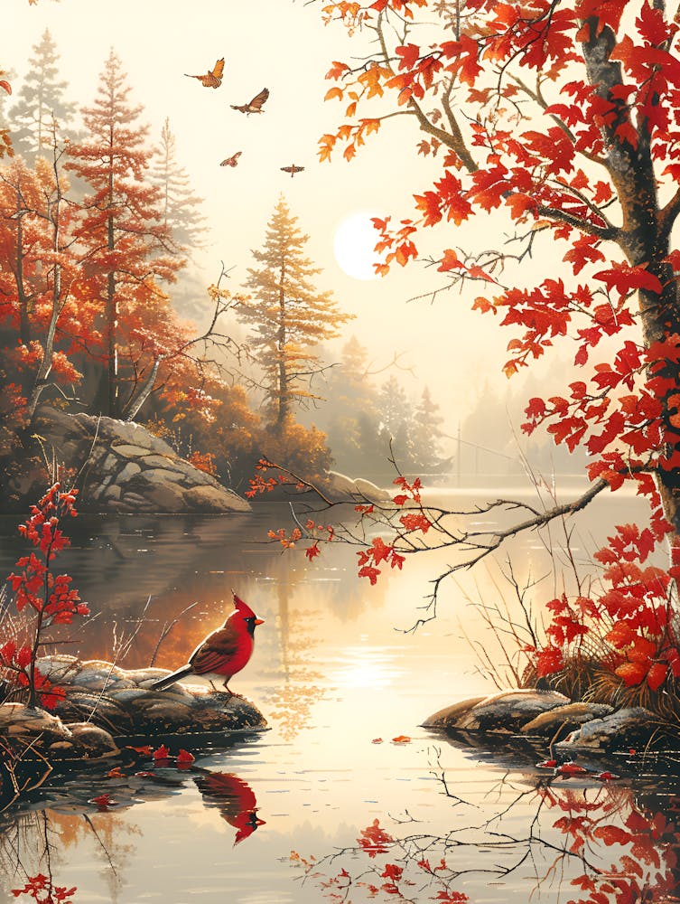 Autumn Bird By The Lake
