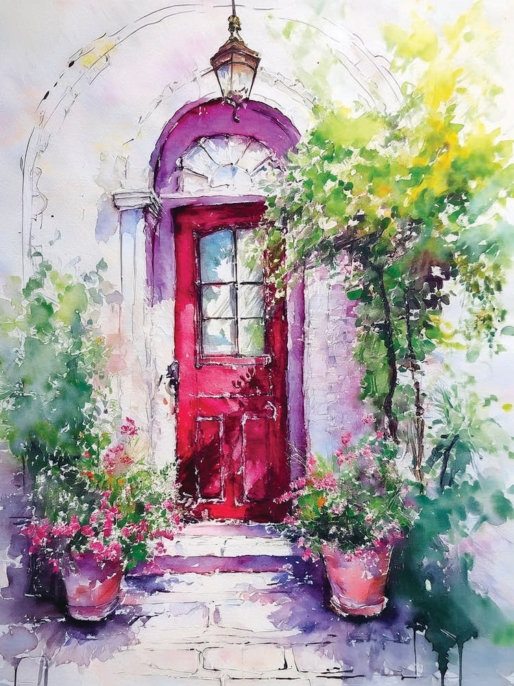 Greek houses, Greek streets, watercolors, Greek prints, travel souvenirs, Greek paintings, Greek posters, summer holiday gifts, Greek door framed with vibrant bougainvillea flowers.2