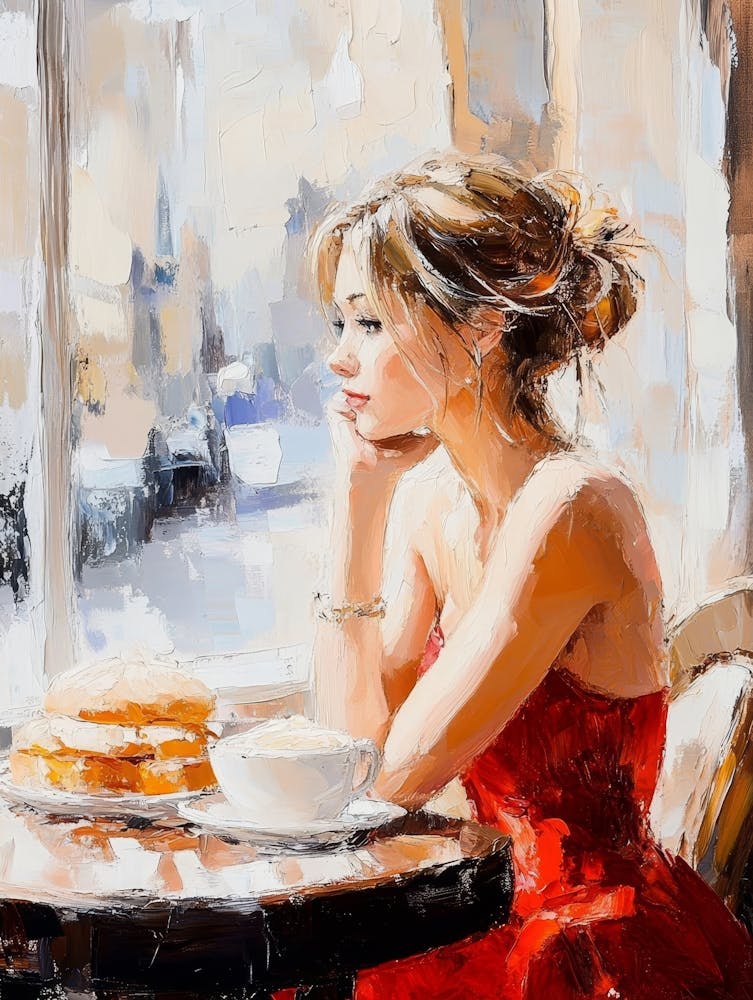 A Girl In A Red Dress Is Sitting In A Cafe