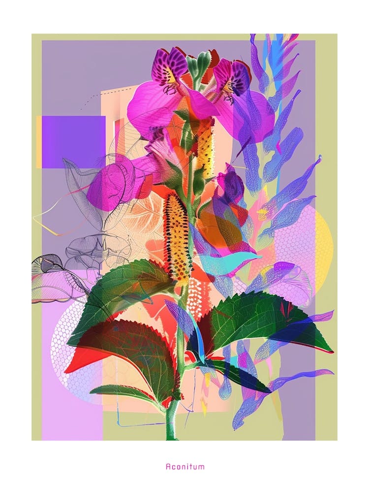 Aconitum 3 Neon Flower Collage Poster