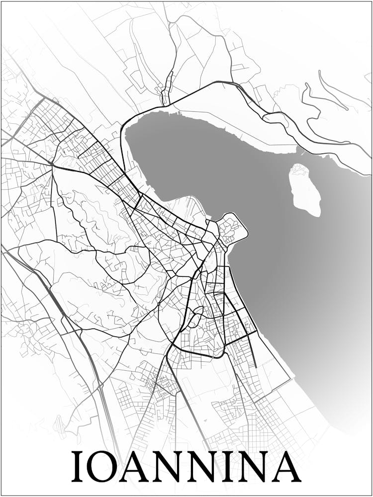 Ioannina, Epirus, Greece, City Map, Black And White Fade Design