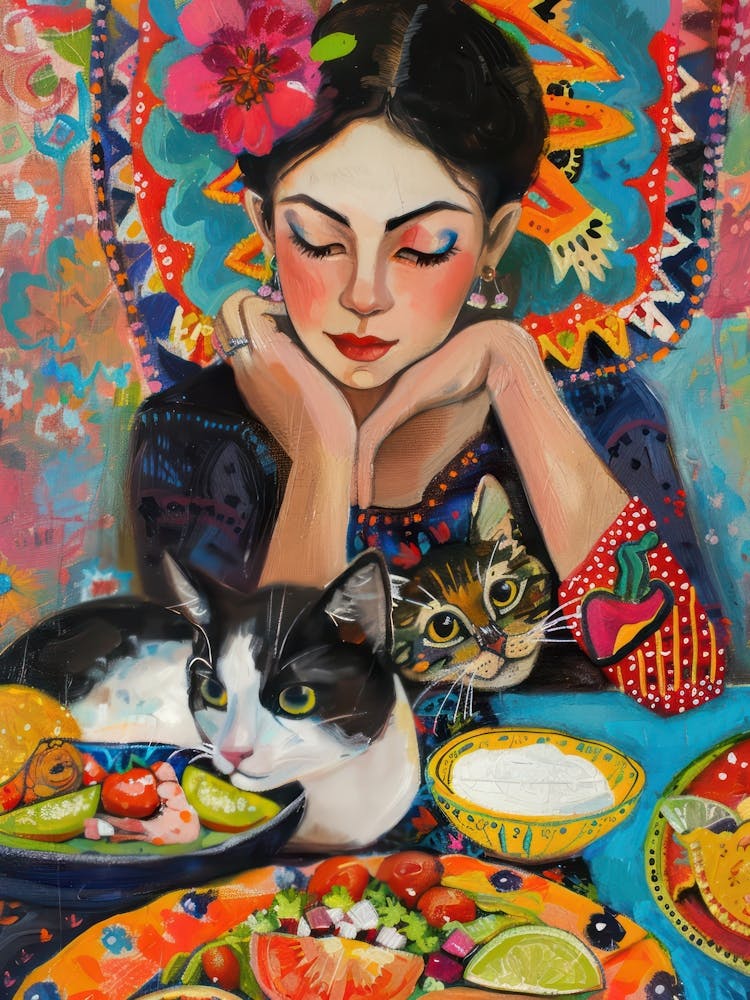 Portrait Of A Woman With Cats Eating Tacos 3