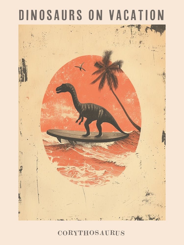 Vintage Corythosaurus Dinosaur On A Surf Board 1 Poster