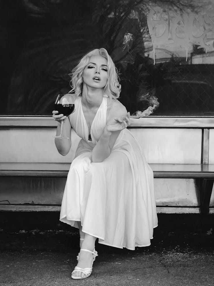 Woman At Bus Stop Smoking And Drinking Wine Wall Art, Black And White Print, Funny Wall Art, Feminist Poster, Retro Fashion Wall Decor