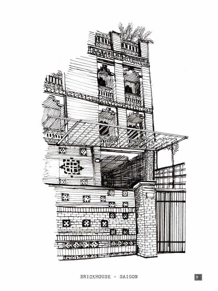 Brickhouse Saigon Vietnam Architecture Pen Ink Drawing