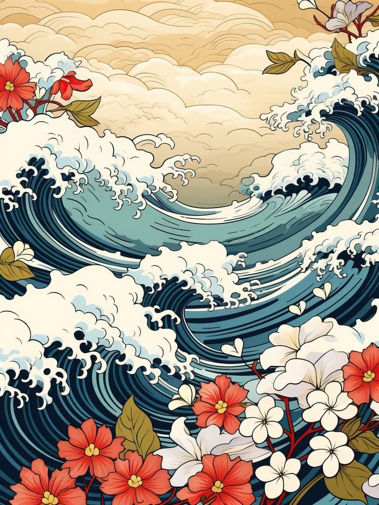 Große Welle mit Jasminblütenzeichnung im Ukiyo-e-Stil 2