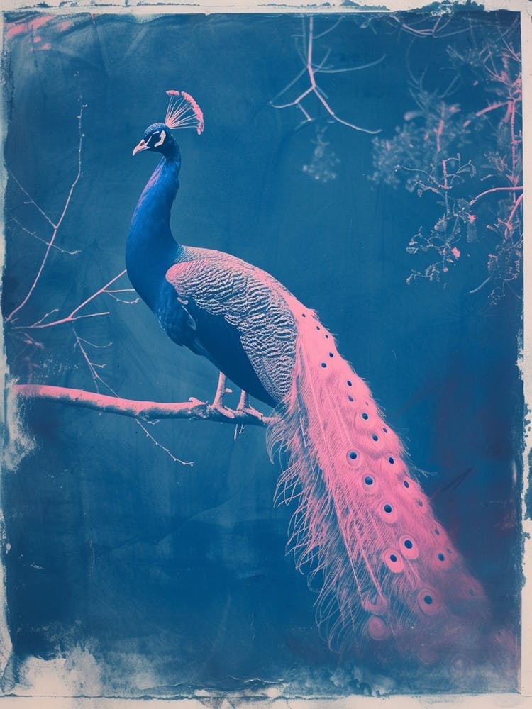 Blue & Pink Peacock On A Tree 1