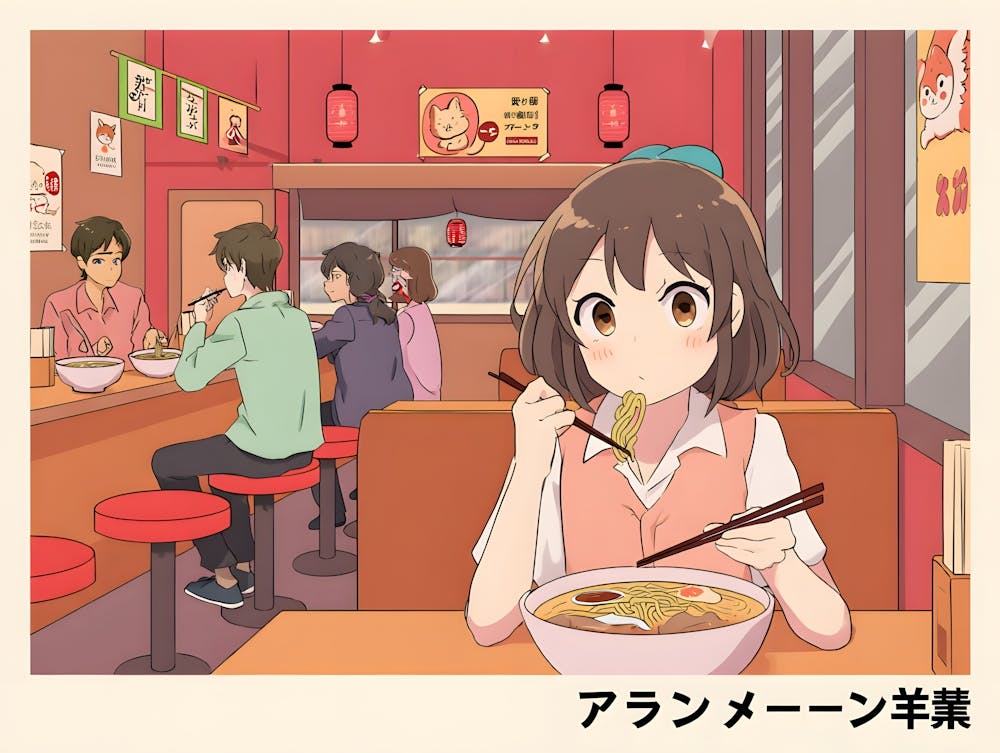 Anime Girl Eating Ramen in a Japanese Restaurant