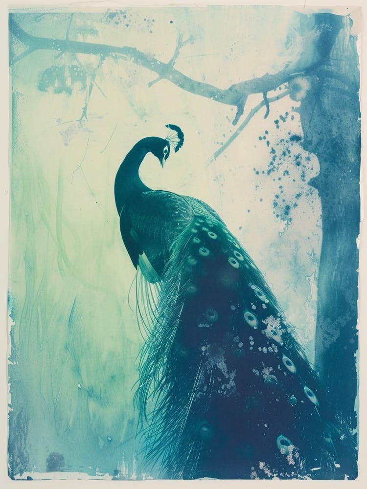 Turquoise Cyanotype Peacock Silhouette