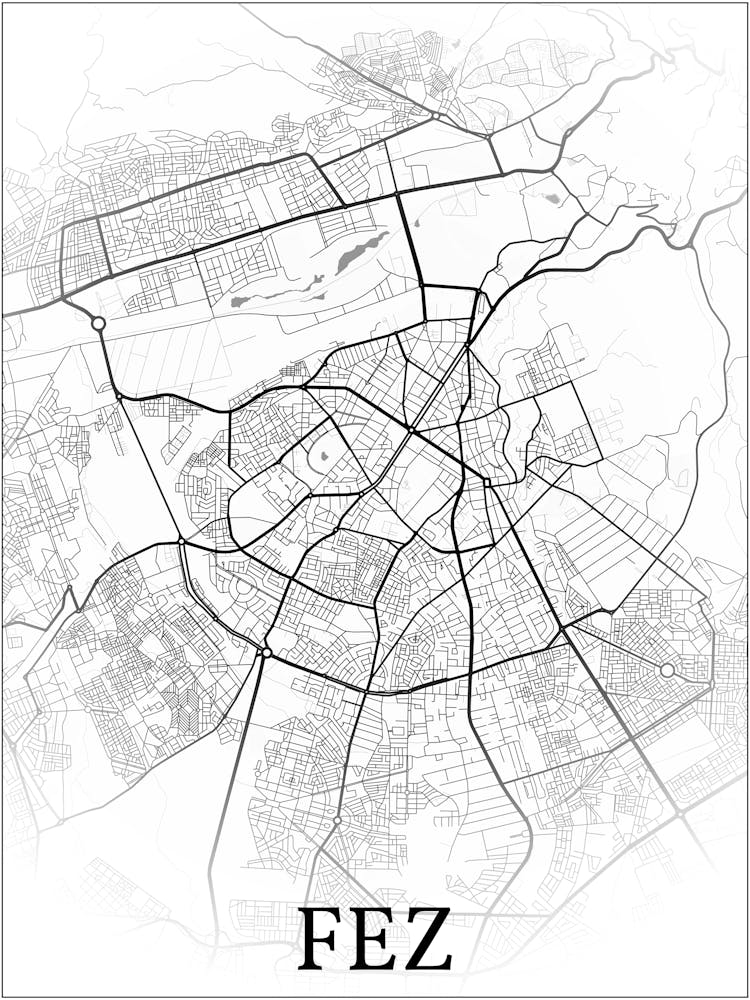 Fès, Maroc - Carte de Ville - Design Fondu Noir et Blanc