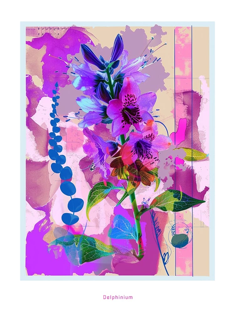 Delphinium 3 Neon Flower Collage Poster