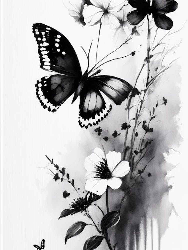 Butterfly And Flowers 1 Symbol Black And White Painting