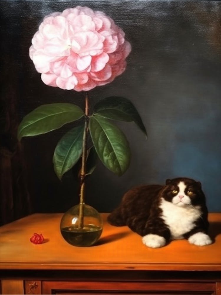 Painting Of A Still Life Of A Camellia With A Cat, Realism 3