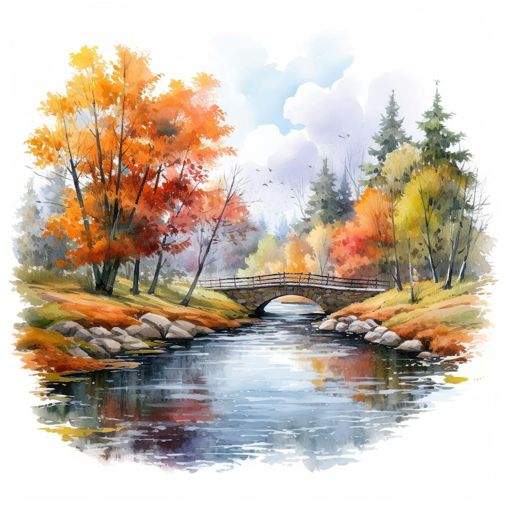 Watercolor Autumn Bridge