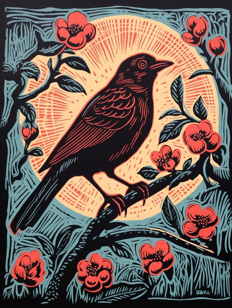 Vintage Bird Linocut Cowbird 5