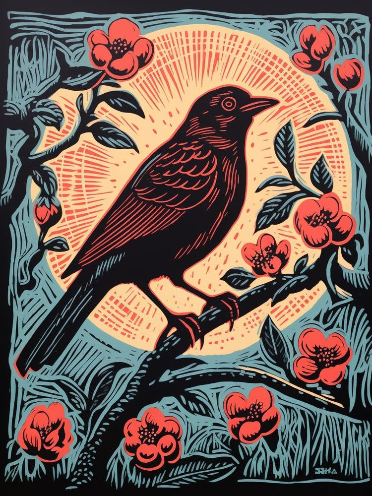 Vintage Bird Linocut Cowbird 5