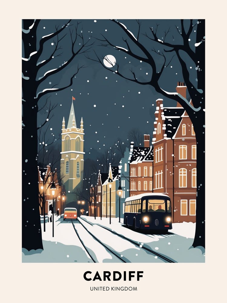 Winter Night  Travel Poster Cardiff United Kingdom 1
