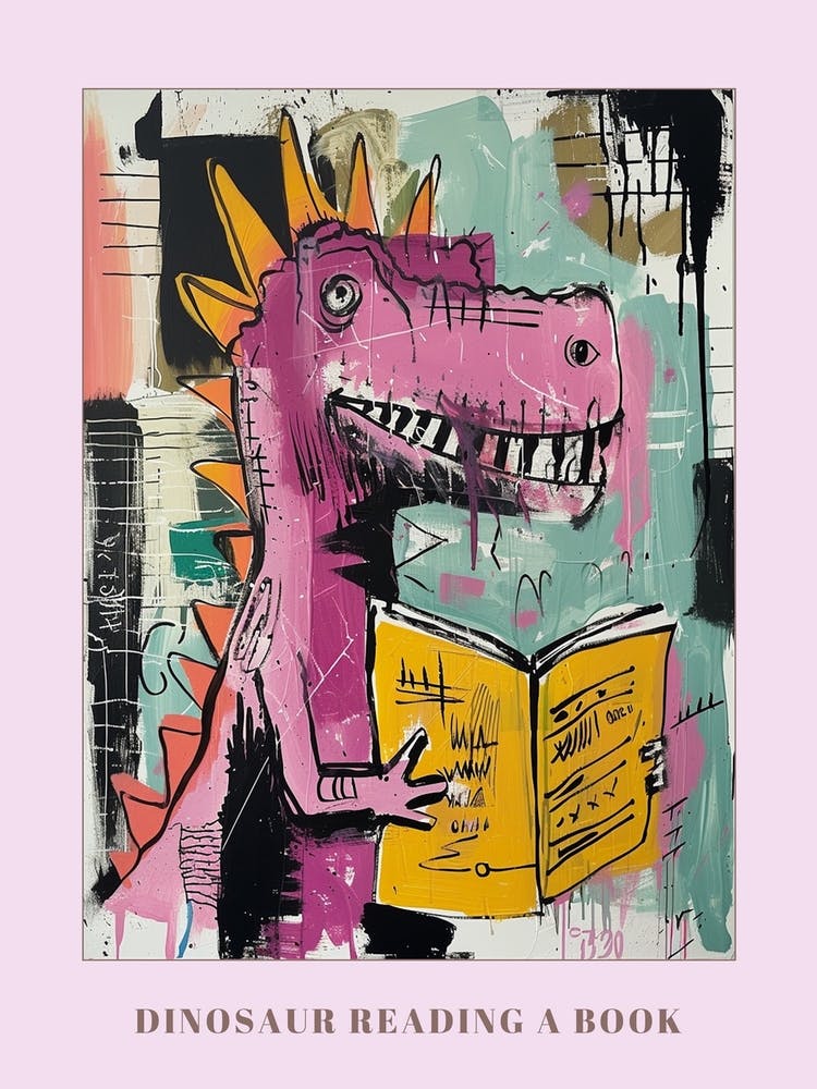 Dinosaur Reading A Book Pink Blue Graffiti Brushstroke 1 Poster