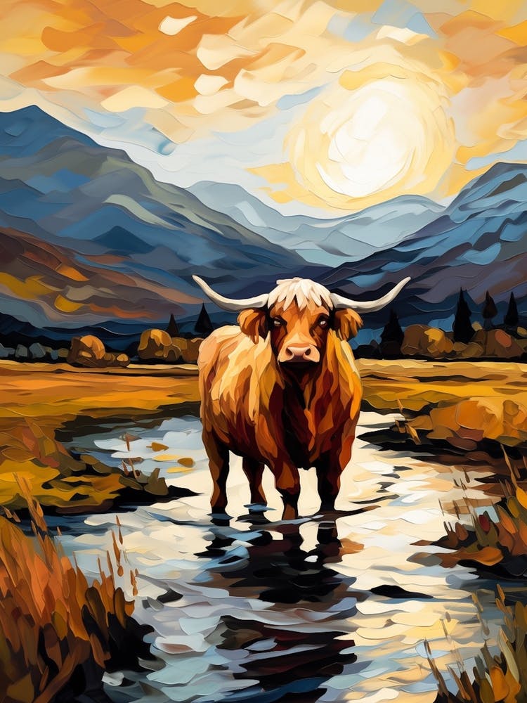 Brushstroke Impressionism Style Painting Of A Highland Cow In The Scottish Valley 2