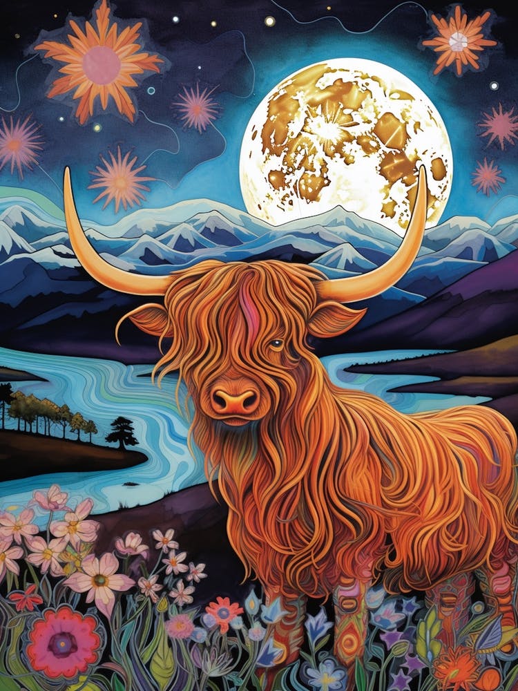 Moonlight Illustration Of Highland Cow With Lake