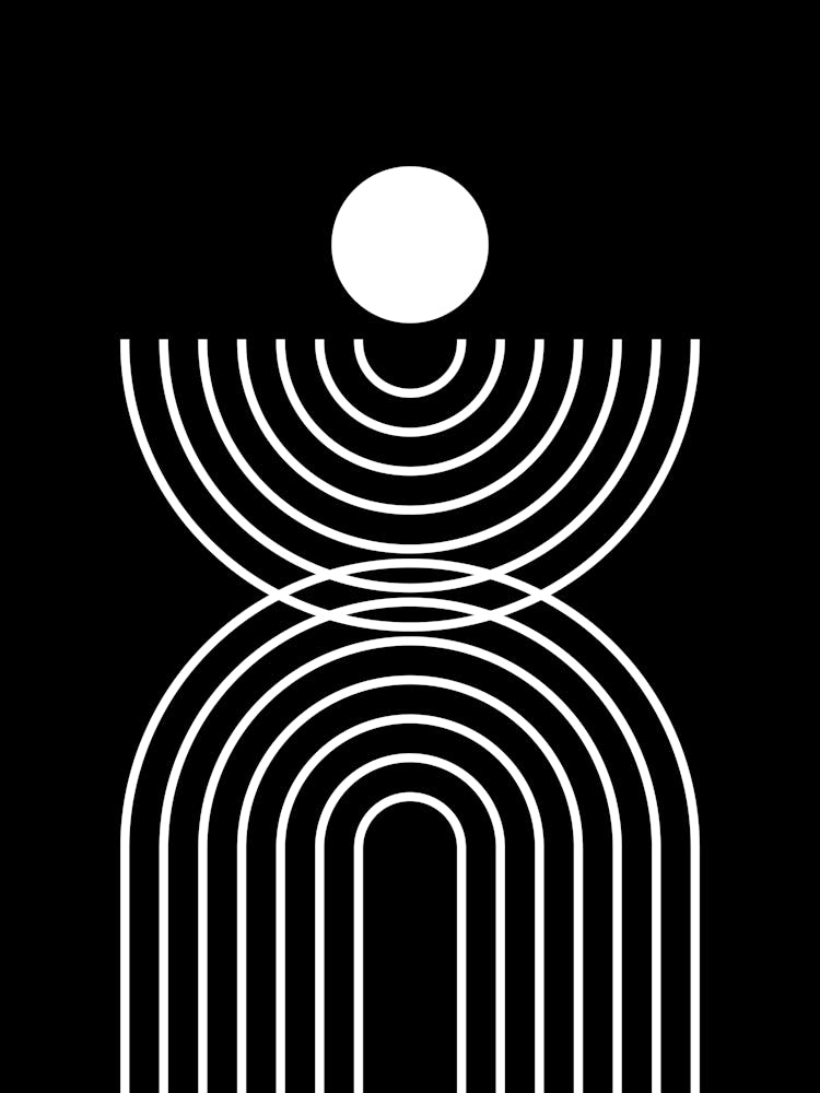 Midcentury Modern Rainbow Arch Sun Abstract A4 In Black White Monochrome 01